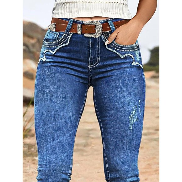 Women’s Bootcut Jeans Mid Rise Ripped Stitch Casual Fashion - Picture 2 of 5